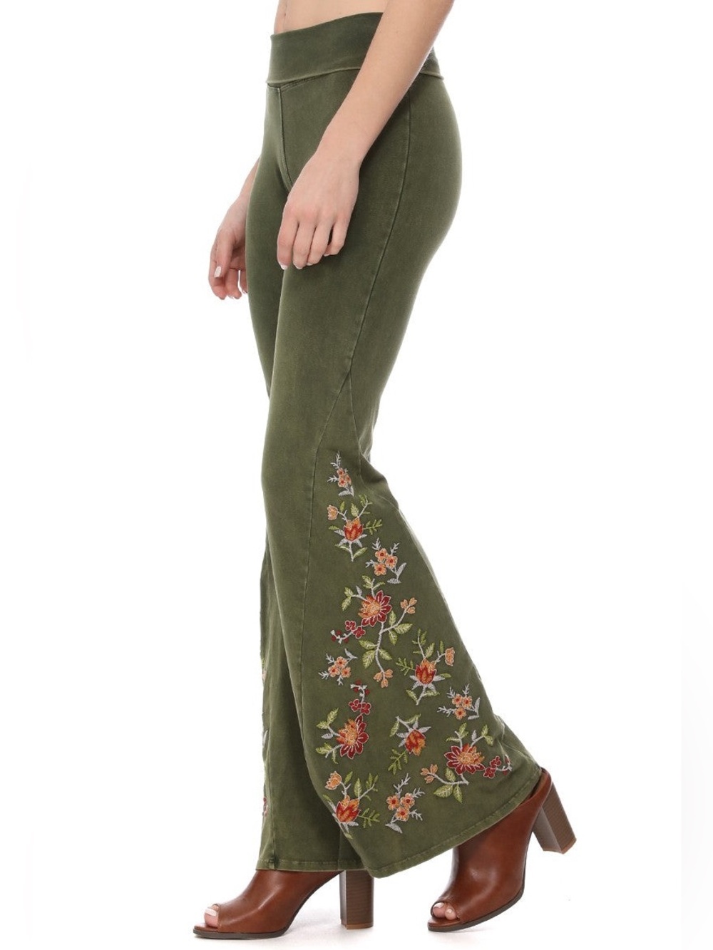 T-Party Mineral Wash Olive Green Embroidered Flare Yoga Pants -See Measurements